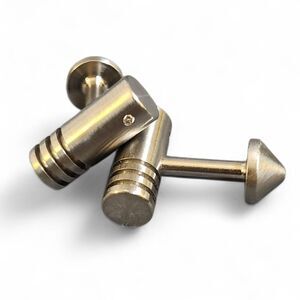 Stainless Steel Cufflinks Ribbed Cylinder Design Small Gem Accent Vintage